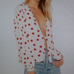 Lovers + Friends Red White Polka Dot Tie Front Top